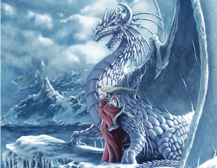 A woman in a red cloak stands next to a large white dragon in a snowy landscape.