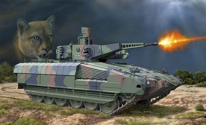 Puma IFV firing a projectile with a cougar in the background