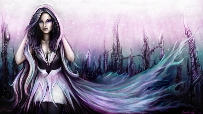 Gothic Fantasy Cityscape with Hooded Woman