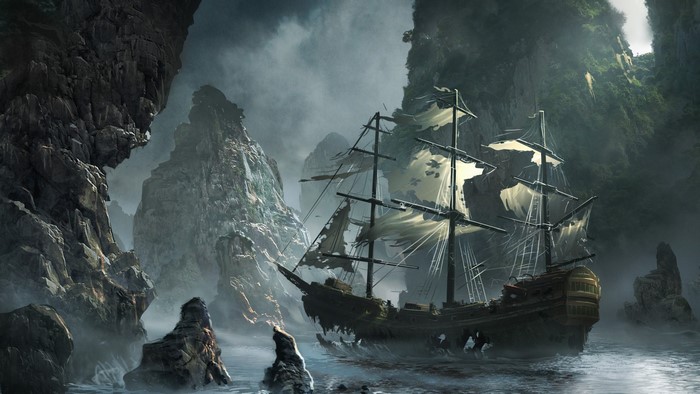 A tattered pirate ship navigates a foggy, rocky cove.