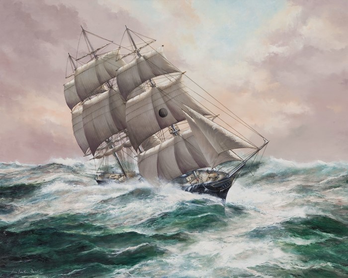 Two sailing ships in rough seas