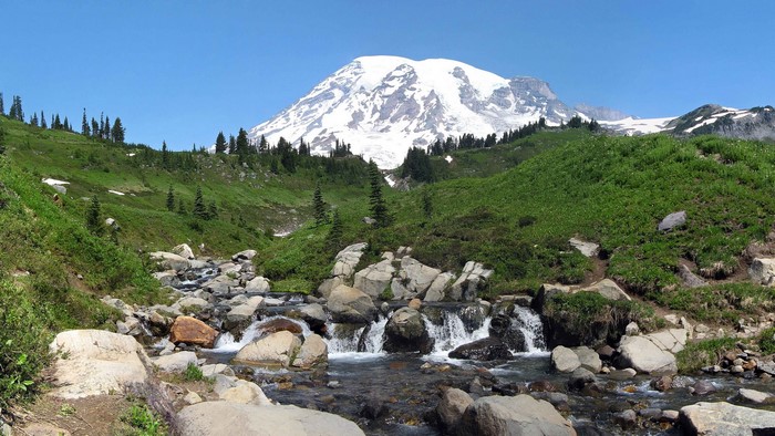 Mount Rainier National Park with Stream and Rocks