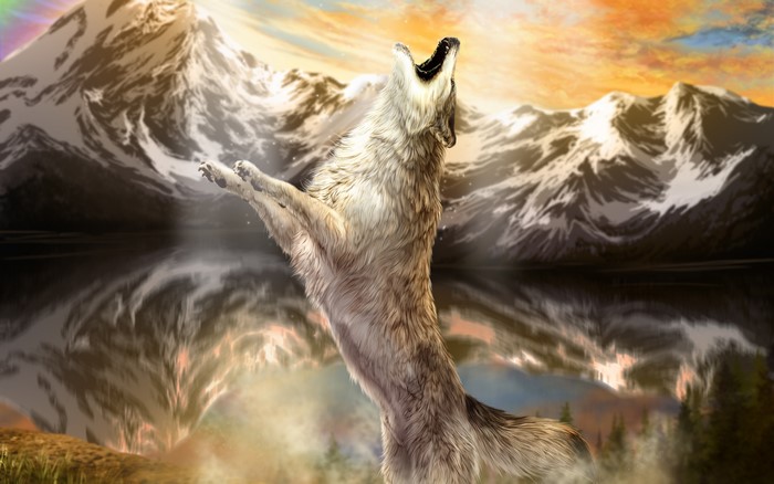 Wolf howling at mountains and lake painting