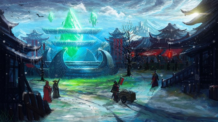 Fantasy world with glowing crystals and Asian architecture