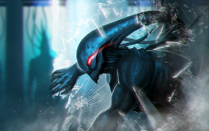 Blue alien monster with red eyes breaking through glass