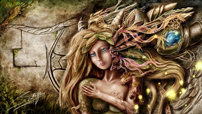 Fantasy woman with dragon-like headdress and blue eyes