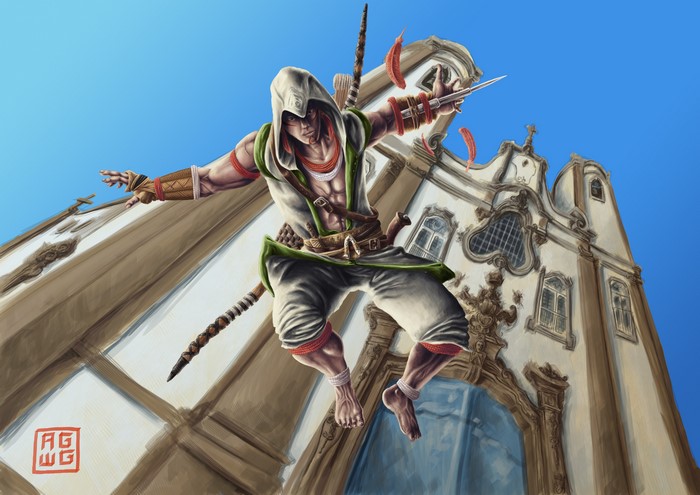 Assassin from Assassin's Creed in mid-air near a church