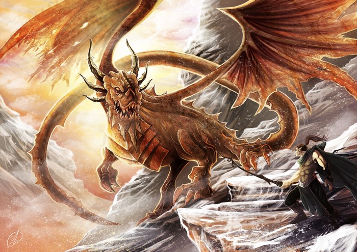 Dragon fighting an archer on a snowy mountain