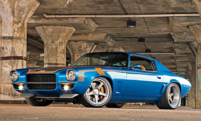 Blue 1971 Chevrolet Camaro with Orange Stripes