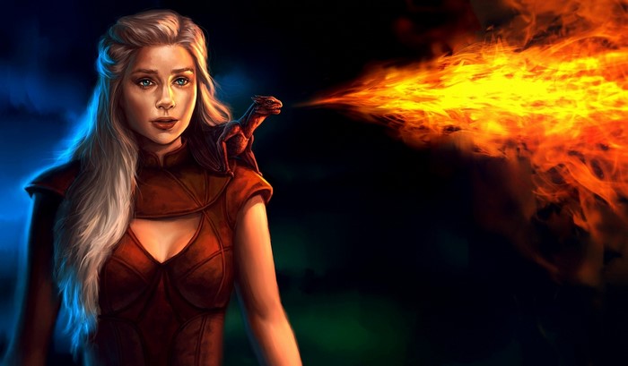 Daenerys Targaryen from Game of Thrones with a dragon breathing fire