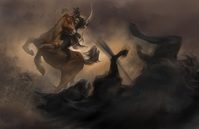 Warrior Archer on Horseback Fighting Dark Figures