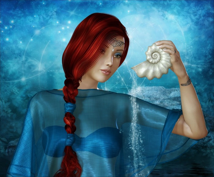 Redhead girl with shell pouring sand