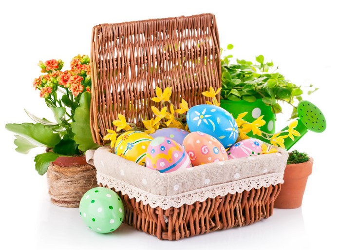 Easter eggs in a wicker basket with flowers and plants