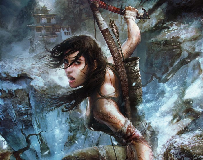 Lara Croft from Tomb Raider in a snowy mountain landscape
