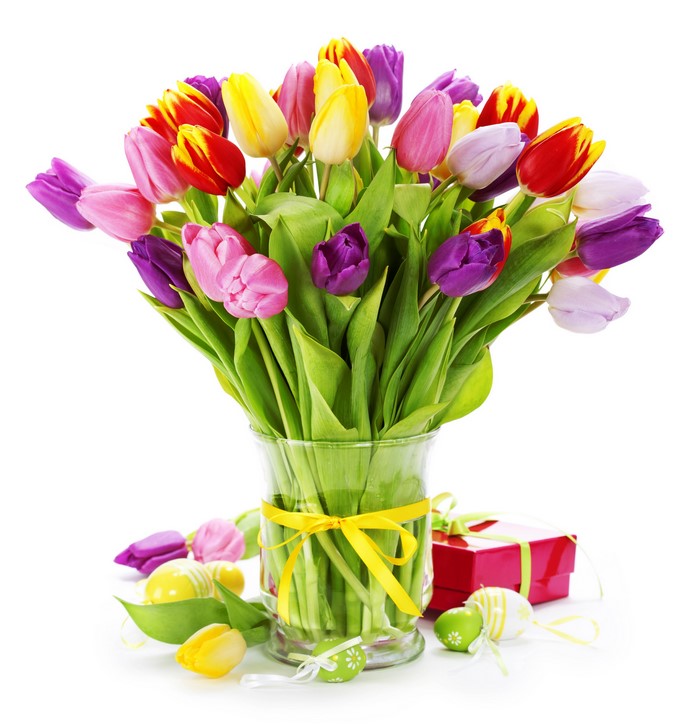 Bouquet of Tulips in a Vase with Easter Eggs and Gift