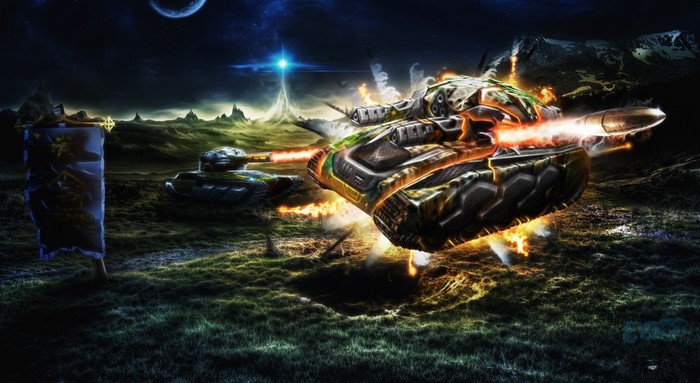 Two futuristic tanks firing in a dark alien landscape