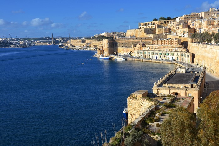 Valletta, Malta waterfront with historic fortifications