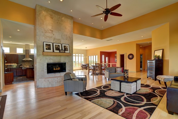 Modern living room with fireplace and open kitchen