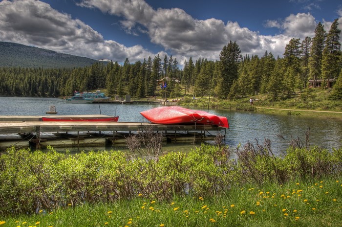 Canoes on a dock at Maligne Lake, Jasper National Park, Canada