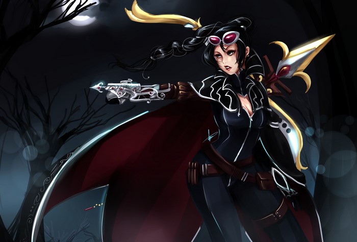 Vayne from League of Legends with a gun and cape