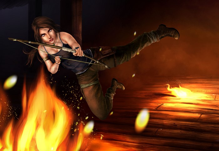 Lara Croft from Tomb Raider jumping with a bow and arrow amidst fire
