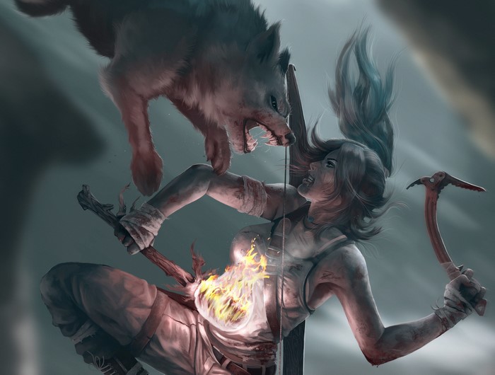 Lara Croft fighting a wolf in Tomb Raider