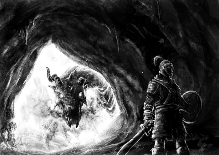 Knight facing a dragon in a cave