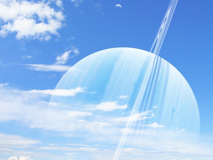 Planet with rings in a blue sky with clouds