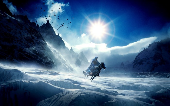 A warrior on horseback in a snowy mountain landscape