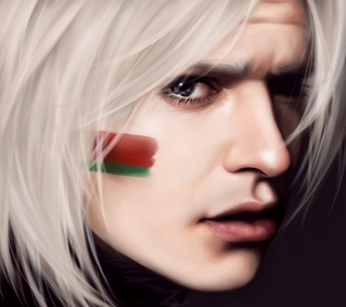Painting of a man with white hair and face paint