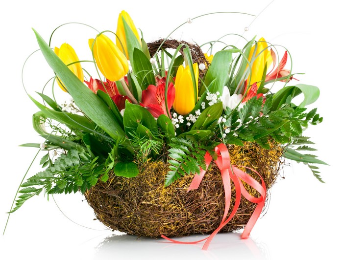 Bouquet of Tulips and Alstroemeria in a Basket