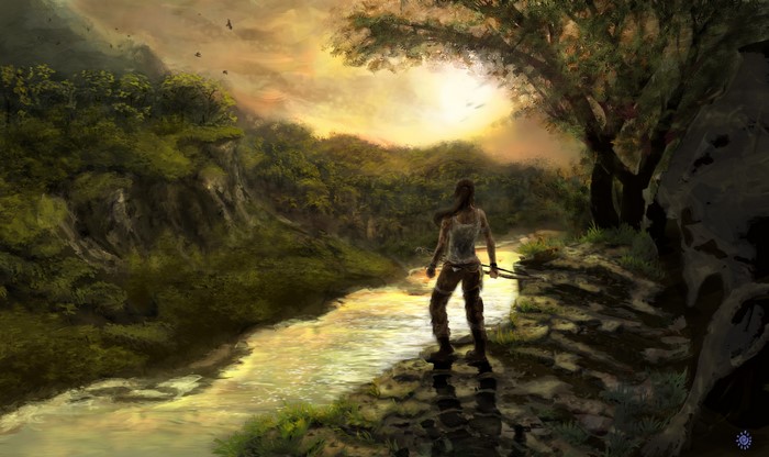 Lara Croft from Tomb Raider in a jungle painting