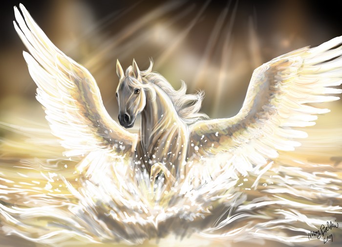 Pegasus emerging from water with wings spread