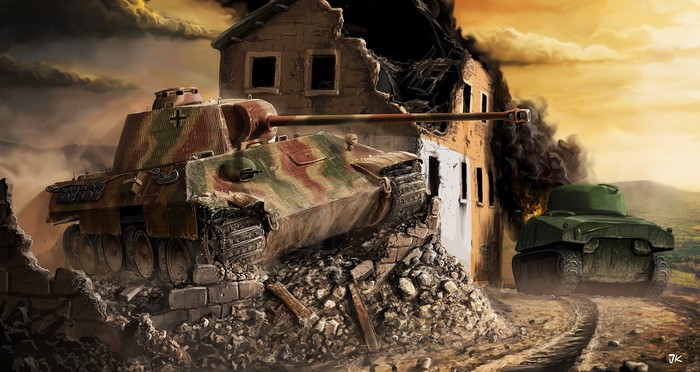 Panther and Sherman tanks in ruins