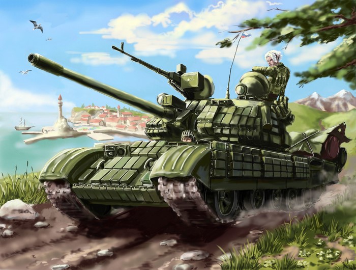 4K T-55 Tank with Crew near Coastal Town