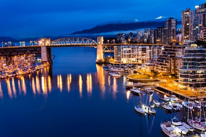 Vancouver Canada Night Cityscape with Bridge and Marina