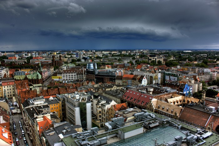 Aerial view of Wroclaw, Poland under stormy skies