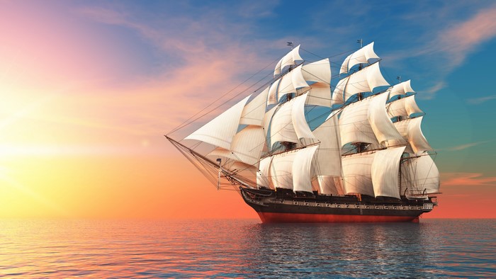 Sailing Ship on the Sea at Sunset