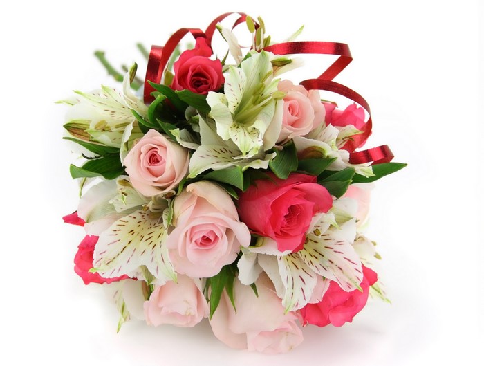 Bouquet of pink and red roses with white alstroemeria and red ribbon