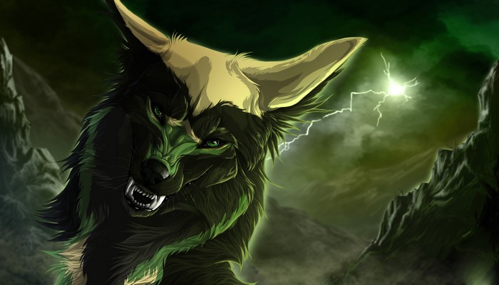 Wolf from Wolf's Rain during a lightning storm