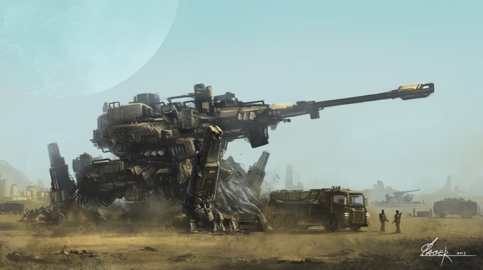 Giant mech with cannon in a desert landscape