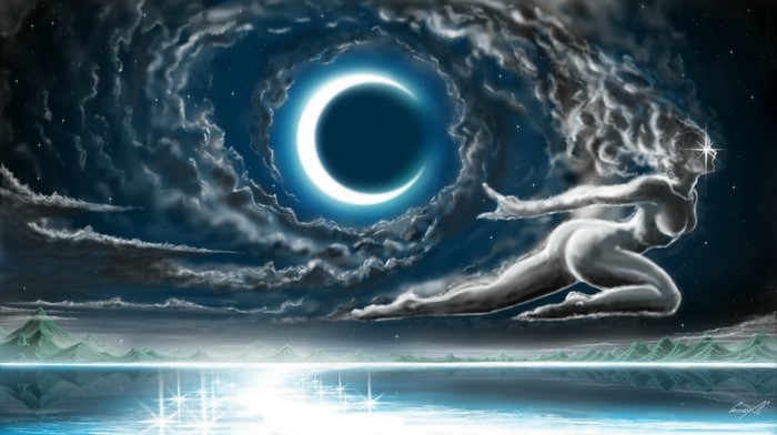 Crescent moon in cloudy night sky over water