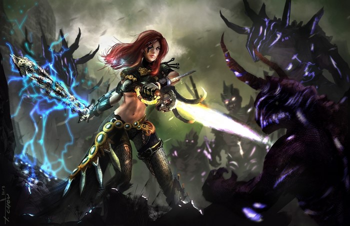 Female warrior fighting monsters with lightning sword