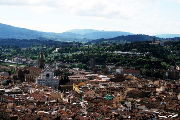 Florence, Italy cityscape from above with mountains