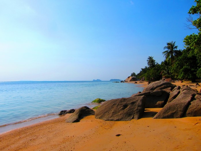 Sandy beach with rocks and palm trees in Koh Samui, Thailand