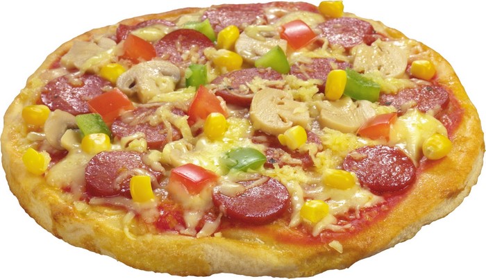 Pizza with pepperoni, mushrooms, corn, and bell peppers