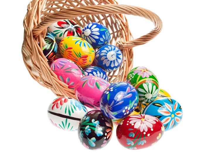 Easter eggs spilling from a wicker basket