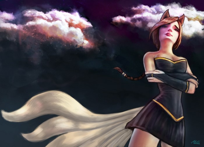 Ahri from League of Legends painting with clouds