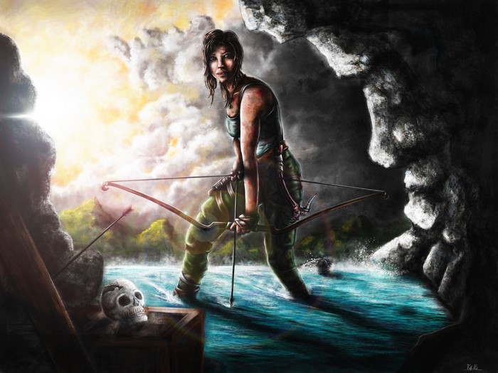 Lara Croft from Tomb Raider with a bow in a cave