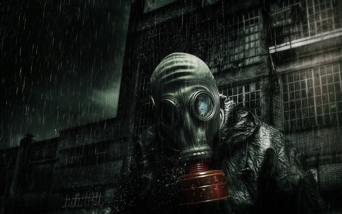 Romantically Apocalyptic character in gas mask in rain